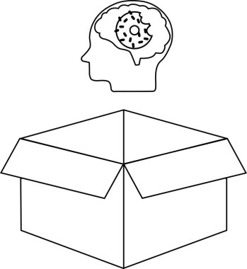 Açık bir kutunun üzerinde çörek beyinli bir kafanın olduğu, kutunun dışında düşünmeyi temsil eden bir çizim çizgisi çizimi..