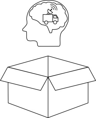 Bir çizgi, içinde kamyon olan bir kafayı, açık bir kutunun üstünde tasvir eder, kutunun dışındaki düşünceyi sembolize eder..