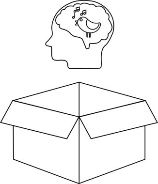 Kutunun dışında düşünme fikrini tasvir eden kavramsal bir çizim, içinde bir kuş ve açık bir kutu olan bir beyin içeriyor..