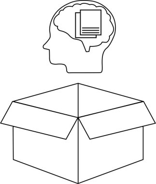 Kutunun dışında düşünme fikrini tasvir eden kavramsal bir çizim, içinde belgeler ve açık bir kutu bulunan bir beyin içeriyor..