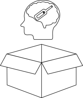 Açık bir kutunun üstündeki termometreyi içeren bir beyni olan bir kafa tasvir eden çizgi, kutunun dışındaki düşünceyi sembolize eder..