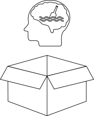 Kutunun dışında düşünme fikrini tasvir eden kavramsal bir çizim, içinde bir tekne ve açık bir kutu olan bir beyin içeriyor..