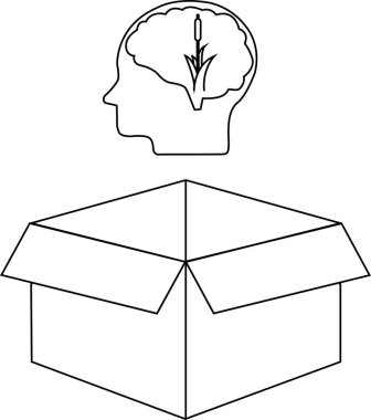 Kutunun dışındaki düşünceyi tasvir eden kavramsal bir illüstrasyon, içinde kedi kuyruğu olan bir beyin, açık bir kutunun üzerine yerleştirilmiş..