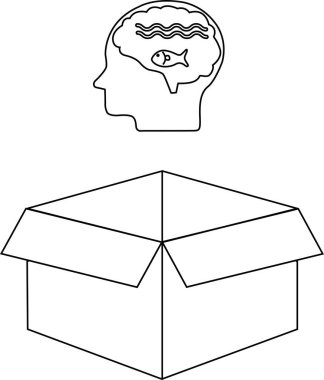 Kafasında su ve balık bulunan bir kafanın açık bir kutunun üzerinde durduğunu gösteren kavramsal bir çizim, kutunun dışındaki düşünceyi sembolize ediyor..