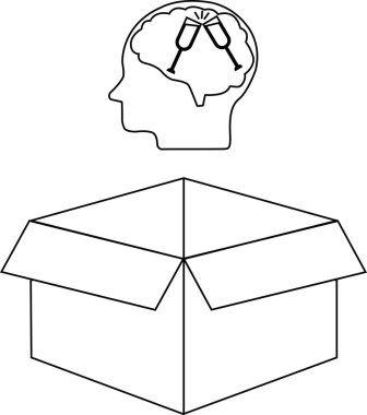 Beynin içinde şampanya bardakları olan bir kafayı, açık bir kutunun üstünde gösteren kavramsal bir çizim kutunun dışındaki düşünceyi bir kutlama temasıyla sembolize ediyor..