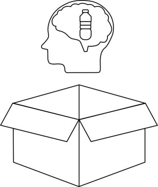 Bir çizgi, içinde su şişesi olan bir kafayı tasvir eder, açık bir kutunun üzerine yerleştirilir, kutunun dışındaki düşüncenin su kaybıyla ilişkisini sembolize eder..