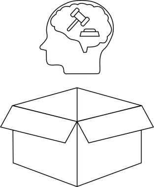 Kavramsal bir illüstrasyon, içinde tokmak olan bir kafayı gösteriyor, yasal düşünceyi sembolize ediyor, açık bir kutunun üzerinde duruyor, kutunun dışındaki düşünceyi temsil ediyor..