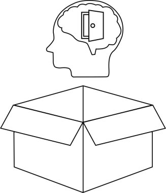 Açık bir kutunun üzerinde açık bir zihni, kutunun dışındaki düşünceyi ve açık fikirliliği simgeleyen kavramsal bir illüstrasyon..