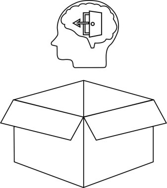 Kutunun dışında düşünme fikrini betimleyen kavramsal bir illüstrasyon, beyindeki bir kapı tarafından temsil edilen açık bir zihinle..