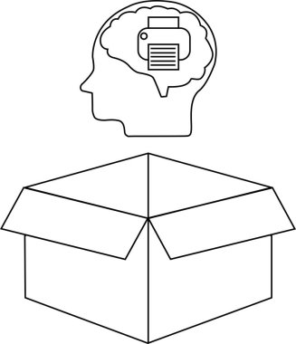 İçinde yazıcı olan bir kafayı, açık bir kutunun üstünde, kutunun dışındaki düşünceyi temsil eden bir çizgi resim çizimi..