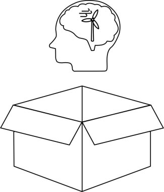 İçinde rüzgar türbini olan bir kafayı gösteren kavramsal bir illüstrasyon, açık bir kutunun üzerindeki yenilenebilir enerji fikirlerini sembolize ediyor, kutunun dışındaki düşünceyi temsil ediyor..
