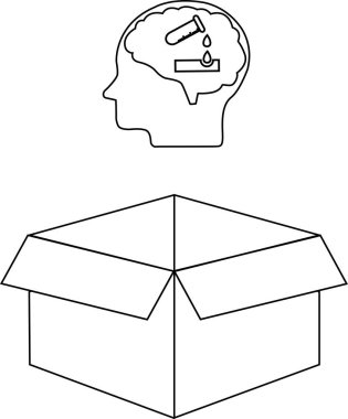 Kutunun dışında düşünmenin sembolik bir göstergesi. Açık bir kutunun üzerinde bilimsel bir deney içeren bir beyin..