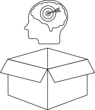 Açık bir kutunun üzerinde beyni hedef alınmış bir kafayı gösteren kavramsal bir çizim, kutunun dışındaki düşünceyi temsil ediyor..