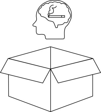 Açık bir kutunun üzerine yerleştirilmiş, bağımlılığı ve bırakma mücadelesini sembolize eden, içinde sigara bulunan bir beyni tasvir eden bir çizgi..