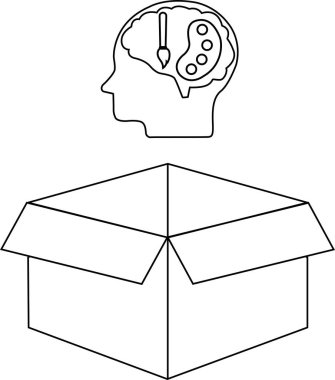Yaratıcı düşüncenin kutunun dışındaki kavramsal tasviri, açık bir kutunun üzerinde sanat malzemeleri olan bir kafa, yenilikçi fikirleri sembolize eder..