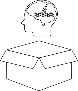 Kutu dışı düşüncenin kavramsal bir çizimi, açık bir kutunun üzerinde içinde bir şişe su olan bir beyin..
