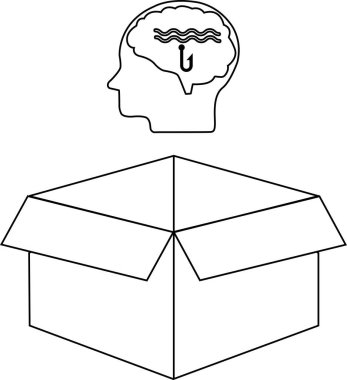 Yaratıcı düşüncenin kavramsal çizimi, içinde kanca olan bir beyin, açık bir kutunun üzerinde, yenilikçi fikirler ve çözümleri sembolize ediyor..