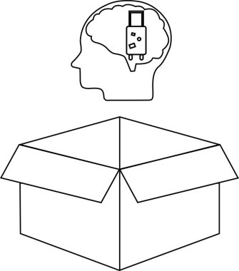 Kutunun dışındaki düşüncelerin kavramsal çizimi, içinde bavul olan bir beyin, açık bir kutunun üzerine yerleştirilmiş..