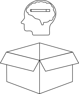 Yaratıcı bir konsept, beyni ve kutusu olan bir kafayı gösteriyor, kutunun dışında düşünme ve yenilikleri temsil ediyor..