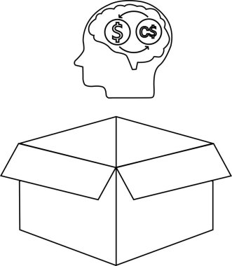İçinde para birimi sembolleri olan bir kafanın kavramsal bir tasviri, açık bir kutunun üzerinde, para hakkında kutunun dışında düşünmeyi temsil eder..