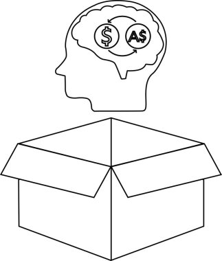 İçinde para birimi sembolleri olan bir kutunun üzerinde duran bir kişi para kutusu dışındaki düşünceleri temsil eder..