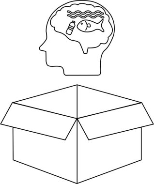 Kavramsal bir illüstrasyon, içinde balık ve şişe olan bir beynin, açık bir kutunun üzerinde, kutunun dışındaki düşünceyi sembolize ettiğini gösteriyor..