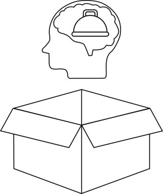 Beynin içinde yemek kubbesi olan bir kafayı tasvir eden bir çizgi, açık bir kutunun üzerinde, kutunun dışındaki düşünceyi sembolize ediyor..