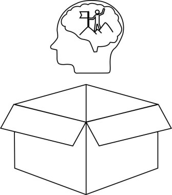 Kutunun dışındaki düşüncenin sembolik bir temsili, içinde bir kişinin açık bir kutunun üzerine bayrak diktiği bir kafa var..