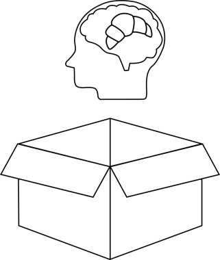 Kutunun üstünde kruvasan beyinli bir kafa gösteren kavramsal bir çizim, kutunun dışındaki düşünceyi ve yaratıcı fikirleri sembolize ediyor..