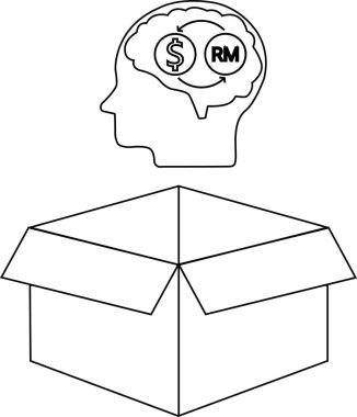 Açık bir kutunun üzerinde para birimi sembolleri olan bir kafanın kavramsal çizimi, yenilikçi finansal stratejileri ve döviz değişimi çözümlerini temsil etmektedir..