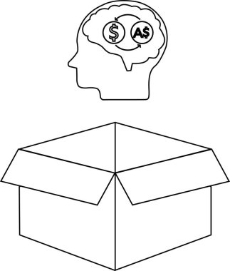 Açık bir kutunun üzerinde para sembolleri olan bir kafa tasviri, finansal başarı ve para yönetimi için kutunun dışındaki düşünceyi temsil ediyor..