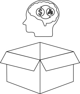 İçinde para ve fikir alışverişi olan bir kafayı, açık bir kutunun üstünde, kutunun dışındaki düşünceyi temsil eden bir illüstrasyon..