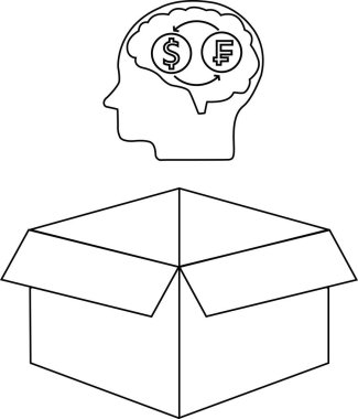 Kutunun üstünde yenilikçi finansal stratejileri sembolize eden para birimi sembolleri içeren bir kafayla, kutunun dışında düşünmenin kavramsal illüstrasyonu.