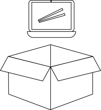 Üzerinde bir dizüstü bilgisayar olan açık bir kutunun basit bir siyah beyaz çizimi..