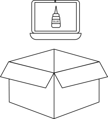 Üzerinde yapıştırıcı şişesi olan açık bir kutunun basit bir çizgisi çizimi, el işi, ambalaj veya DIY projeleri için ideal.