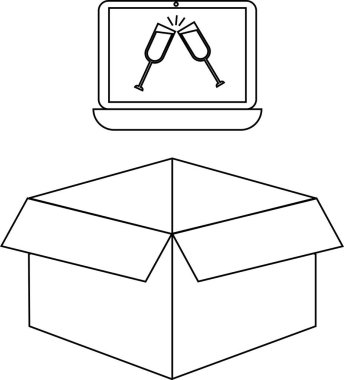 Üzerinde dizüstü bilgisayar olan açık bir kutunun çizgi çizimi tost bardaklarını gösteriyor, kutlama ve çevrimiçi bağlantıyı simgeliyor..