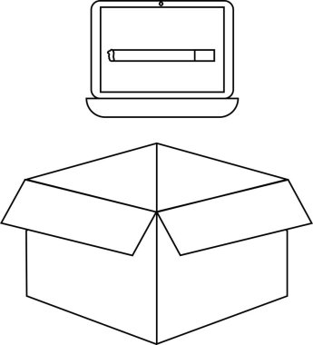 Açık bir karton kutunun üzerine yerleştirilmiş bir dizüstü bilgisayarın basit bir siyah-beyaz çizimi, teslimatı veya kurulumu öneriyor..