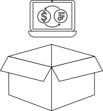 Bir dizüstü bilgisayar açık bir kutunun üzerinde asılı duruyor, bir döviz döviz sembolü gösteriyor, çevrimiçi mali işlemler ve küresel ticaret öneriyor.