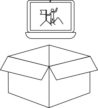 Zirveye ulaşan kişiyi açık bir kutunun üzerinde gösteren bir dizüstü bilgisayar, başarıyı, hedefleri ve başarıyı simgeliyor..