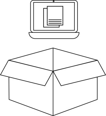 Açık bir kutunun üzerinde basit bir dizüstü bilgisayar çizimi, teknoloji, dağıtım veya ambalaj kavramlarını temsil eder.