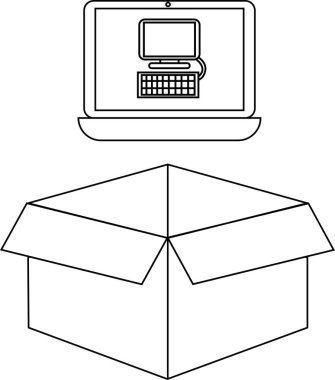 Açık bir karton kutunun üzerine yerleştirilmiş bir dizüstü bilgisayarın tasviri, teknoloji teslimatını veya çevrimiçi alışverişi simgeliyor.