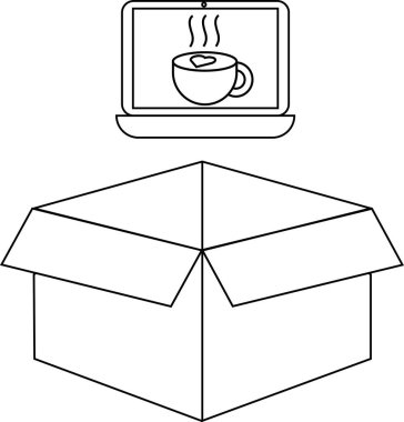 Açık bir kutunun üzerinde bir fincan kahve sergilenen, teknolojiyi, ambalajı ve içecek kavramlarını sembolize eden siyah beyaz bir illüstrasyon..