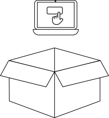 Açık bir kutunun üstündeki dizüstü bilgisayarın basit bir siyah beyaz çizimi, online alışveriş ve teslimat hizmetlerini temsil ediyor..