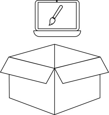 Bir dizüstü bilgisayarın açık bir kutunun üzerindeki basit bir çizgi çizimi, çeşitli tasarım amaçları için uygundur.