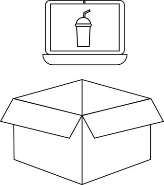 Bir dizüstü bilgisayar açık bir karton kutunun üzerinde içki gösterir, bu da online sipariş ya da teslimat hizmetlerini gösterir..