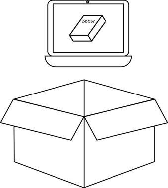 Dizüstü bilgisayarın açık bir karton kutunun üzerinde çeşitli tasarım amaçları için uygun bir kutuyu gösteren basit bir siyah-beyaz çizimi.