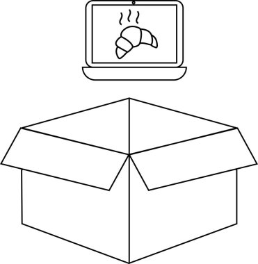 Açık bir karton kutunun üzerinde kruvasan gösteren basit bir dizüstü bilgisayar çizimi..