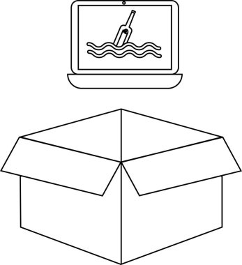 Ekranında bir şişede mesaj gösteren bir dizüstü bilgisayar açık bir kutunun üzerinde, kavramsal bir resim oluşturur..