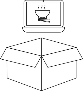 Çizgi, ekranda açık bir karton kutunun üzerinde erişte kasesi olan bir dizüstü bilgisayar gösteriyor..