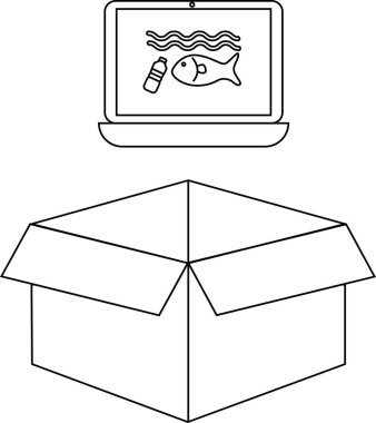 Bir dizüstü bilgisayar bir balık ve plastik şişeyle okyanus kirliliğinin bir görüntüsünü gösterir. Aşağıda açık bir karton kutu var..